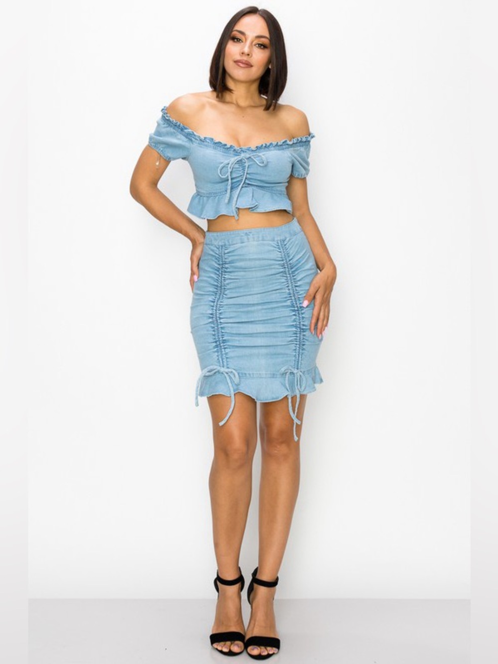 Light Blue Ruched Drawstring Off-Shoulder Top and Mini Skirt Set